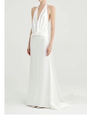 Draped Backless Satin Gown with Detatchable Mesh Drape
